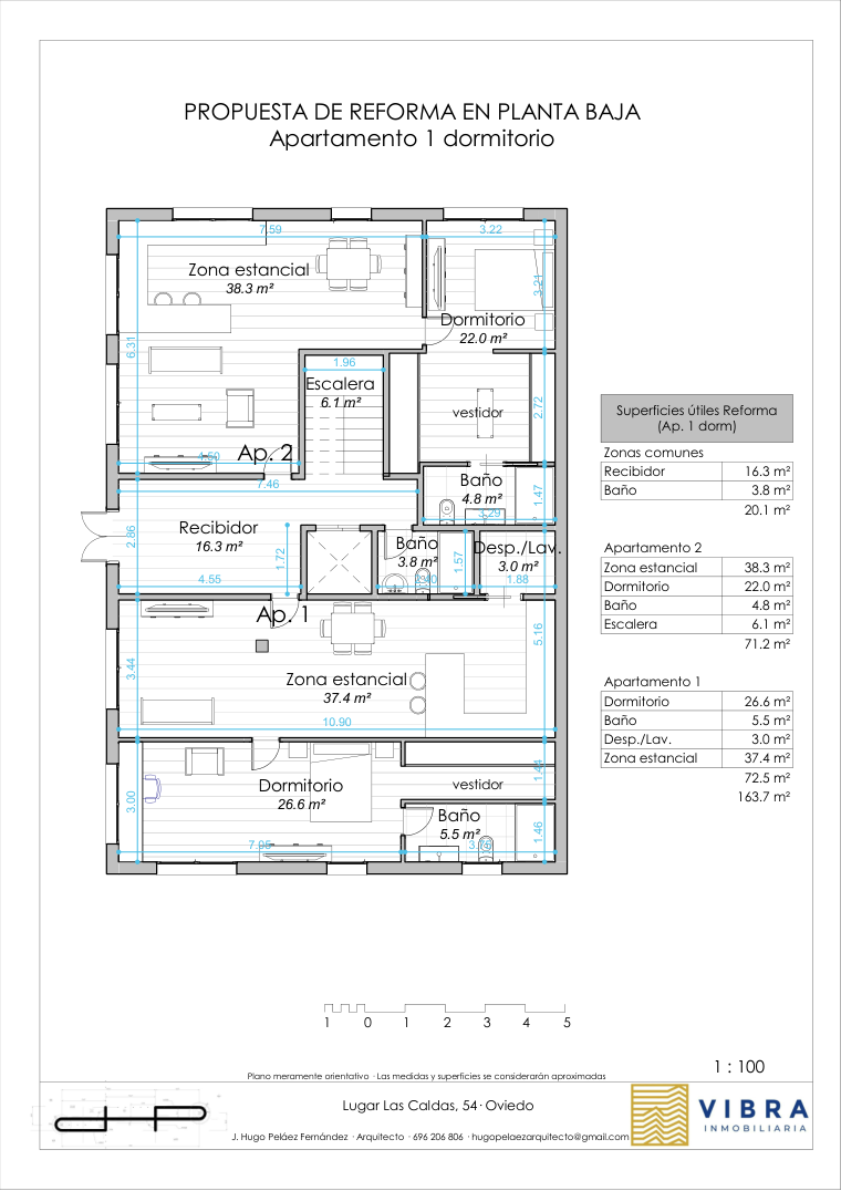 Propuesta 1 de reforma de la planta baja en dos apartamentos de un dormitorio