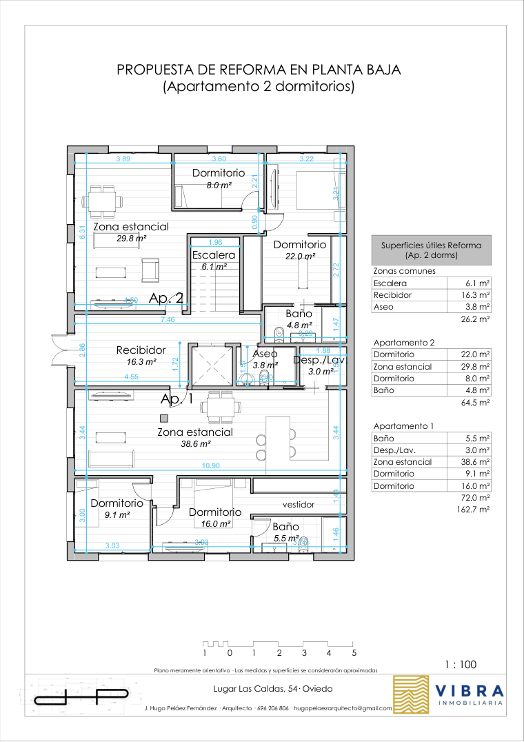 Propuesta 2 de reforma de la planta baja en dos apartamentos de dos dormitorios